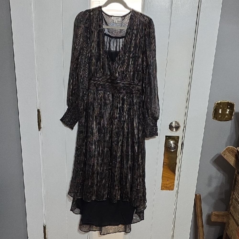 Allison New York Womens Dress Black Floral Gold Thread Floral SemiSheer Sz L EUC
